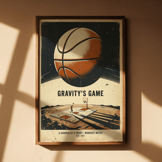 Giant orange basketball floating over minimalist outdoor court with star filled backdrop