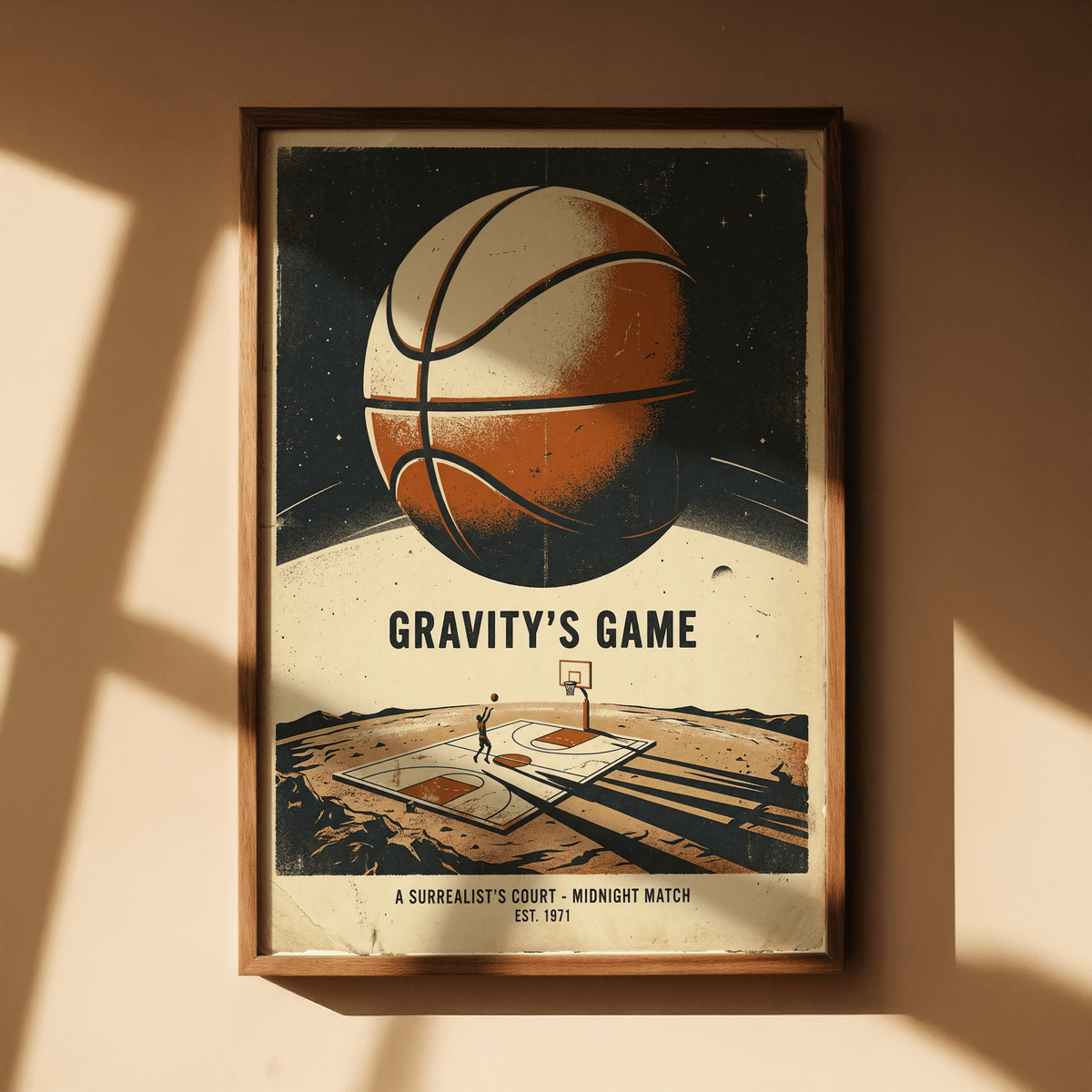 Giant orange basketball floating over minimalist outdoor court with star filled backdrop