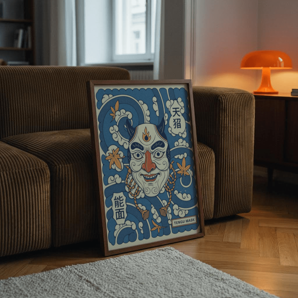 Close-up Tengu Mask Art Print showing horned face and flame symbol poster