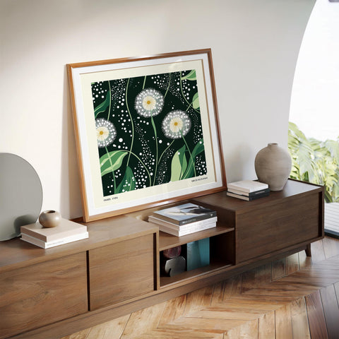 Minimalist botanical wall art with flowing green foliage.