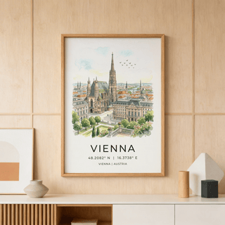 Close-up view of illustrated Vienna skyline wall art showing Gothic cathedral roof pattern