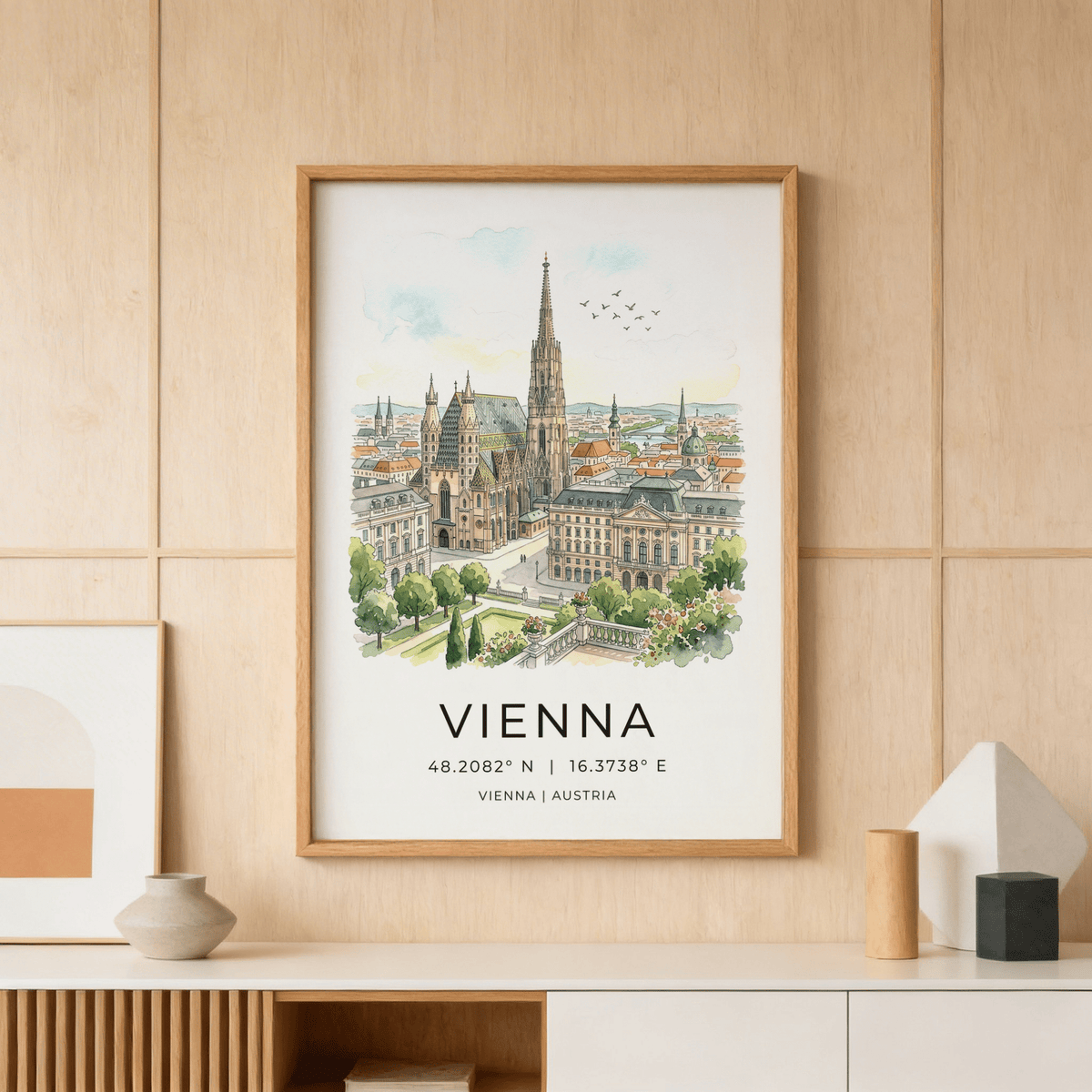 Close-up view of illustrated Vienna skyline wall art showing Gothic cathedral roof pattern