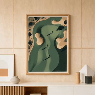 Graphic fairway illustration in green and beige with small golfer shadows