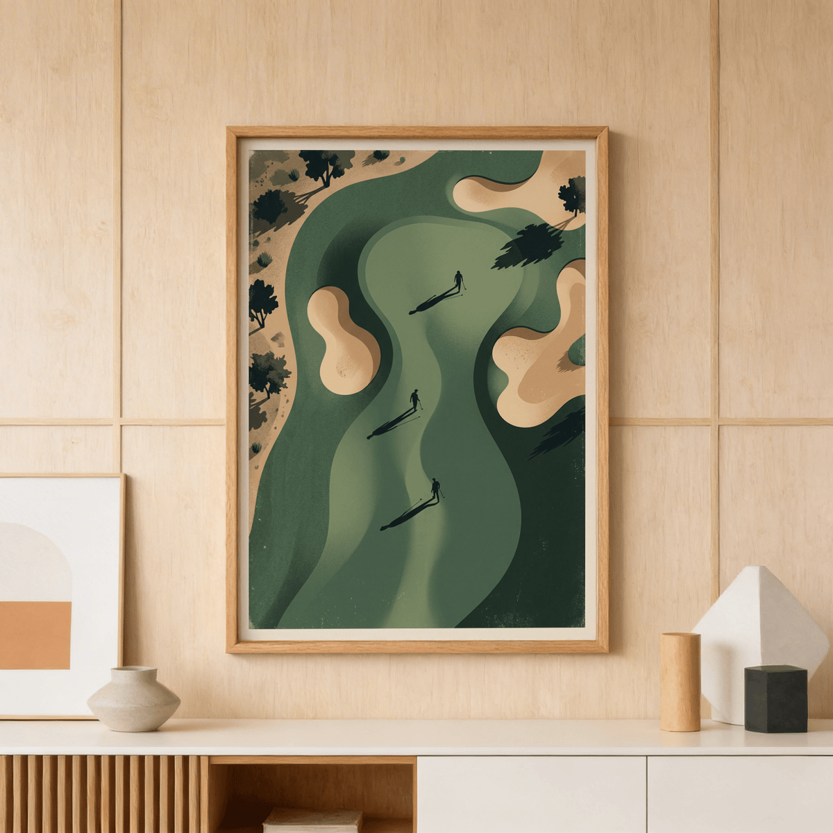 Graphic fairway illustration in green and beige with small golfer shadows