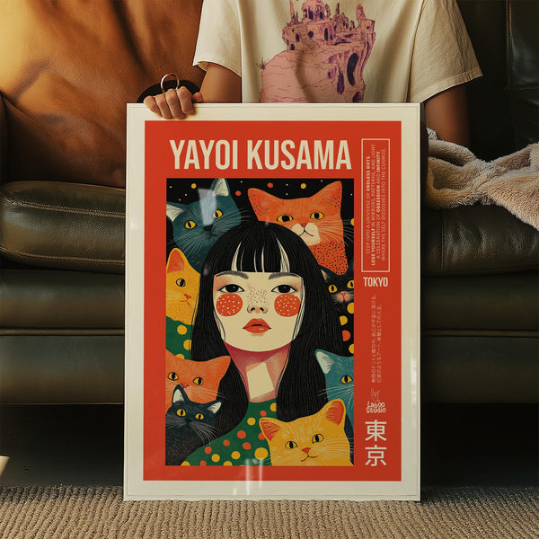 Unique and whimsical quirky wall art featuring cat faces and bold dots.