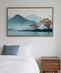 Nature Wall Art Print with Orange foliage and Blue mountains for dining room