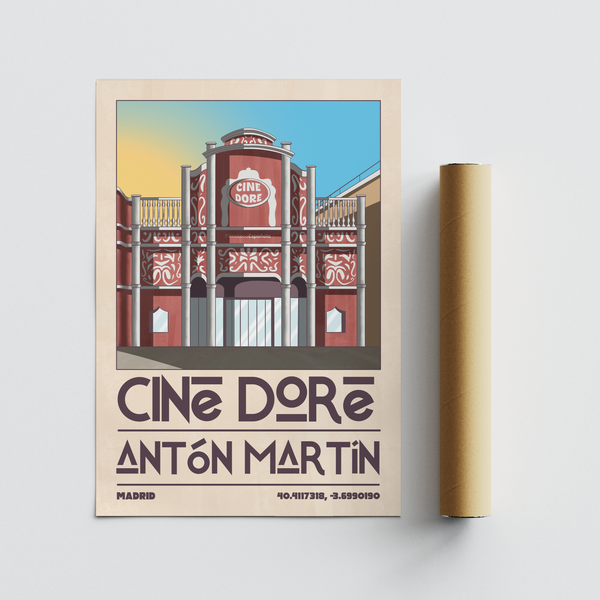 Full composition of Madrid Landmark Poster depicting the Cine Doré building with sky backdrop