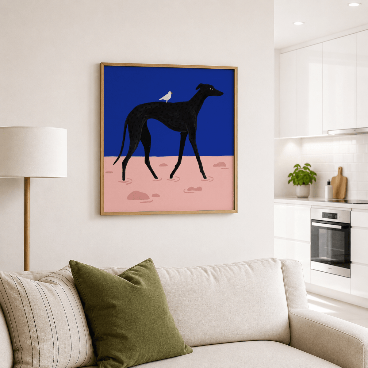 Blue background dog print showing playful bird companion
