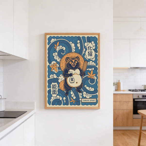 Detailed tanuki wall art print highlighting kanji blocks and the coin pouch symbol