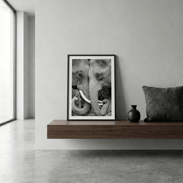 Expressive elephant photo poster focusing on eyes, wrinkles, and overlapping trunks