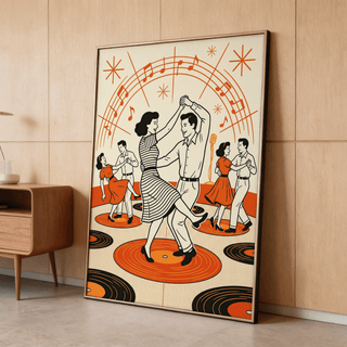 Graphic illustration poster of dancers beneath a curved music staff and starbursts