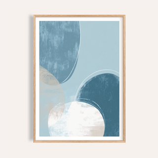 Layered circles abstract poster wall art with textured arcs in Blue, Beige, and White