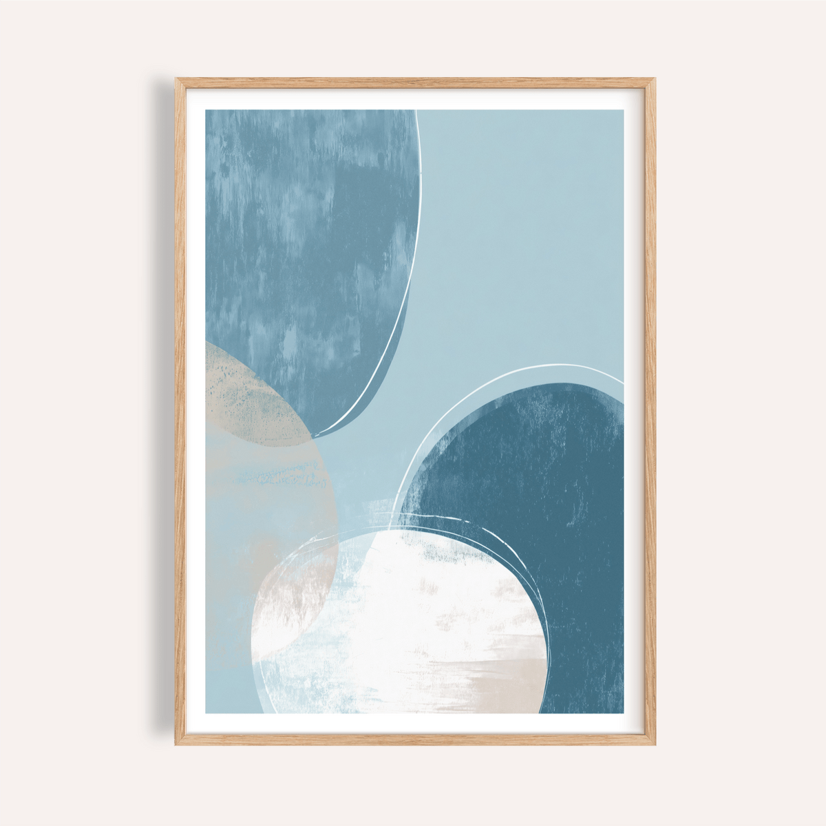 Layered circles abstract poster wall art with textured arcs in Blue, Beige, and White