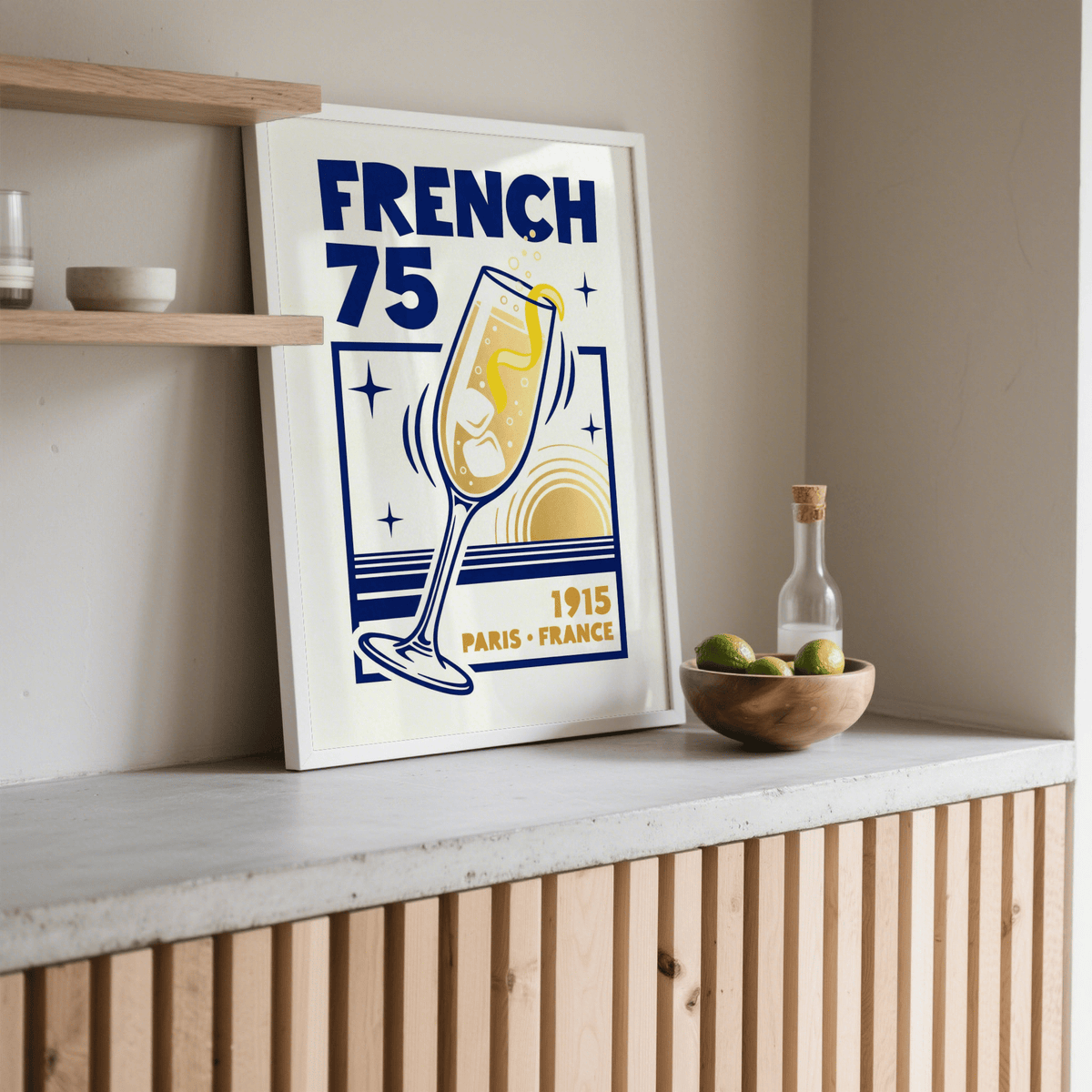 French 75 Art Print in blue and yellow for bar area poster