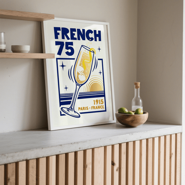 French 75 Art Print in blue and yellow for bar area poster