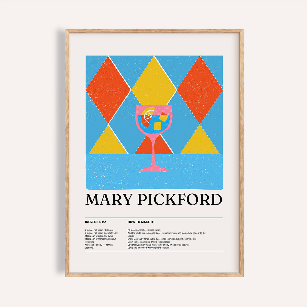 Mary Pickford cocktail print as pictures for kitchen with pink drink and ice

