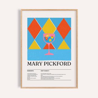Close-up of Pickford Diamonds print with pink cocktail glass and geometric shapes in red yellow and blue