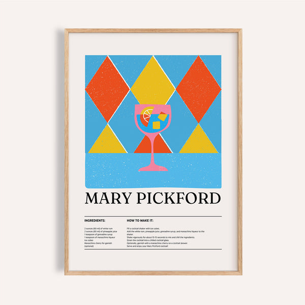 Mary Pickford cocktail print as pictures for kitchen with pink drink and ice

