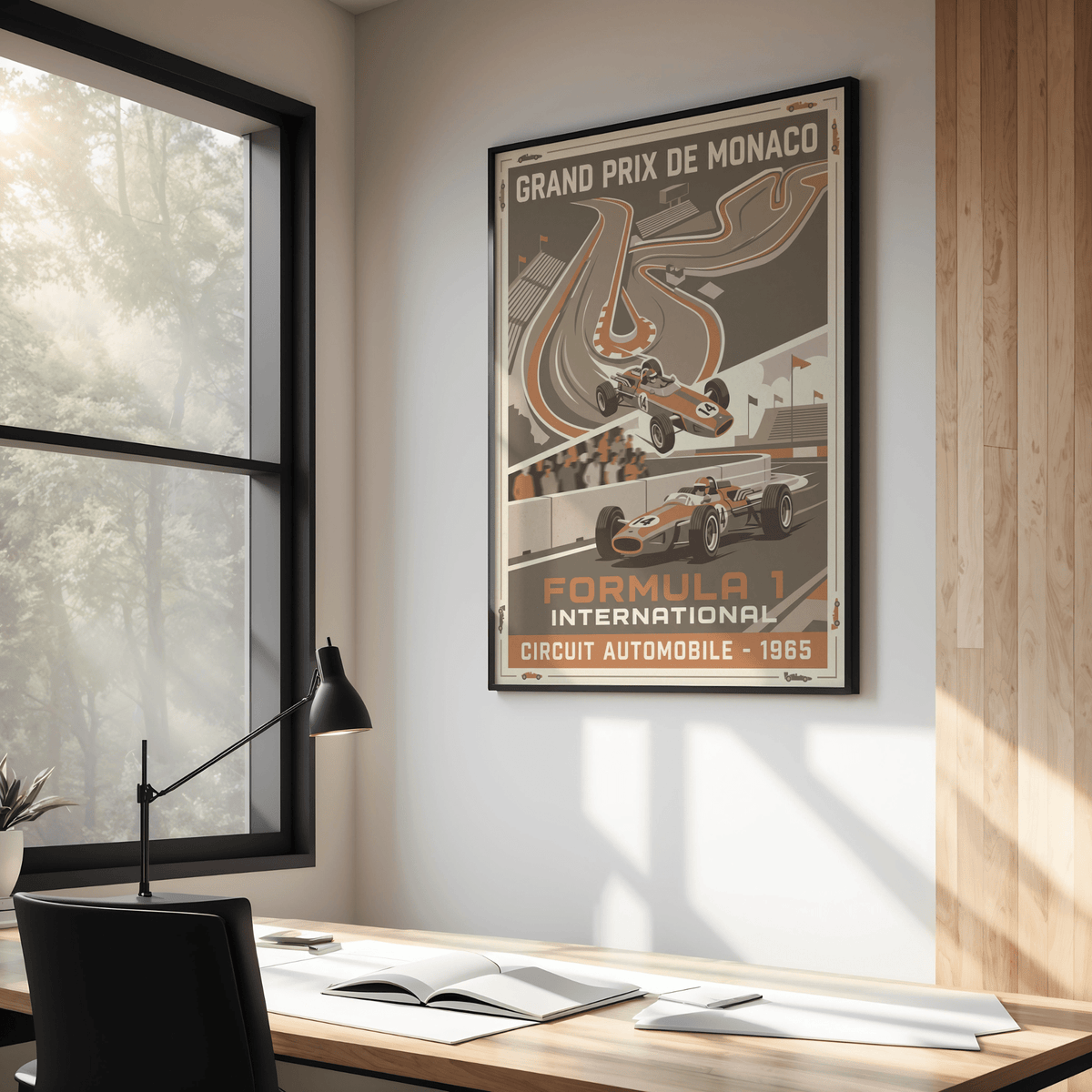 Retro motorsport poster print showing curving race track, grandstands, and bold typography