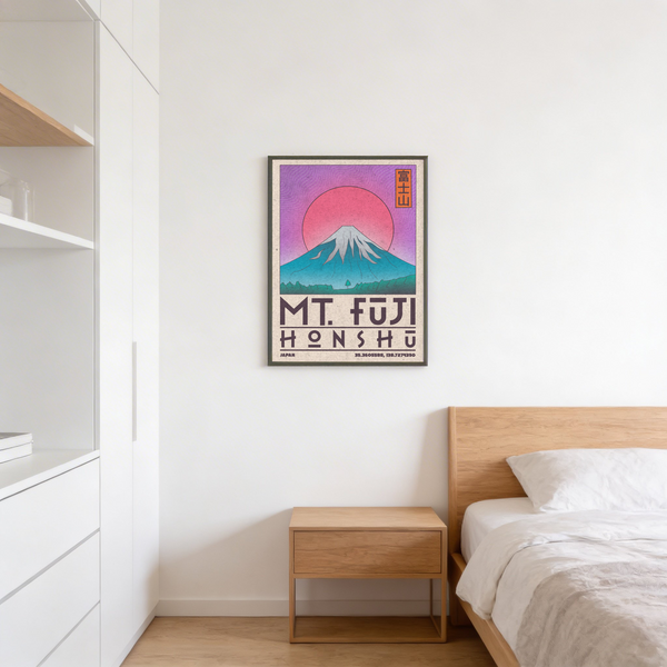 Typography-forward Mt Fuji Art Print showing Mount Fuji silhouette and coordinates