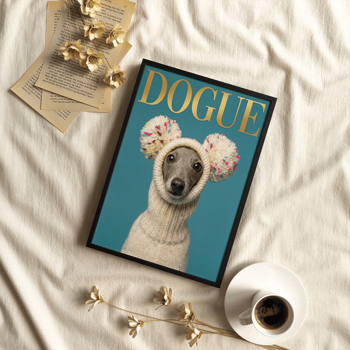 Framed Fashion Dog Poster showing a grey dog in a cream knit hat with pom poms on a teal background next to a cup of coffee