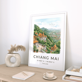 Watercolor travel poster of Chiang Mai hillside temple complex