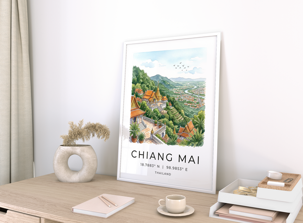 Watercolor travel poster of Chiang Mai hillside temple complex