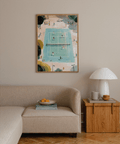 Painted park scene wall art print with tennis court, spectators, and trees