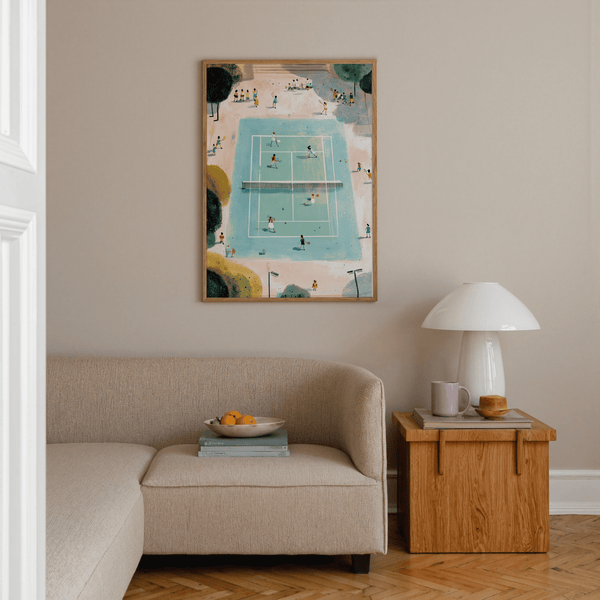 Painted park scene wall art print with tennis court, spectators, and trees