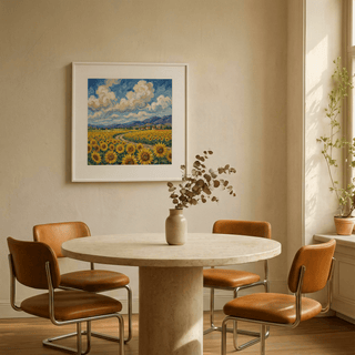 Cheerful Sunflower Field Poster in Yellow and Blue for office wall art