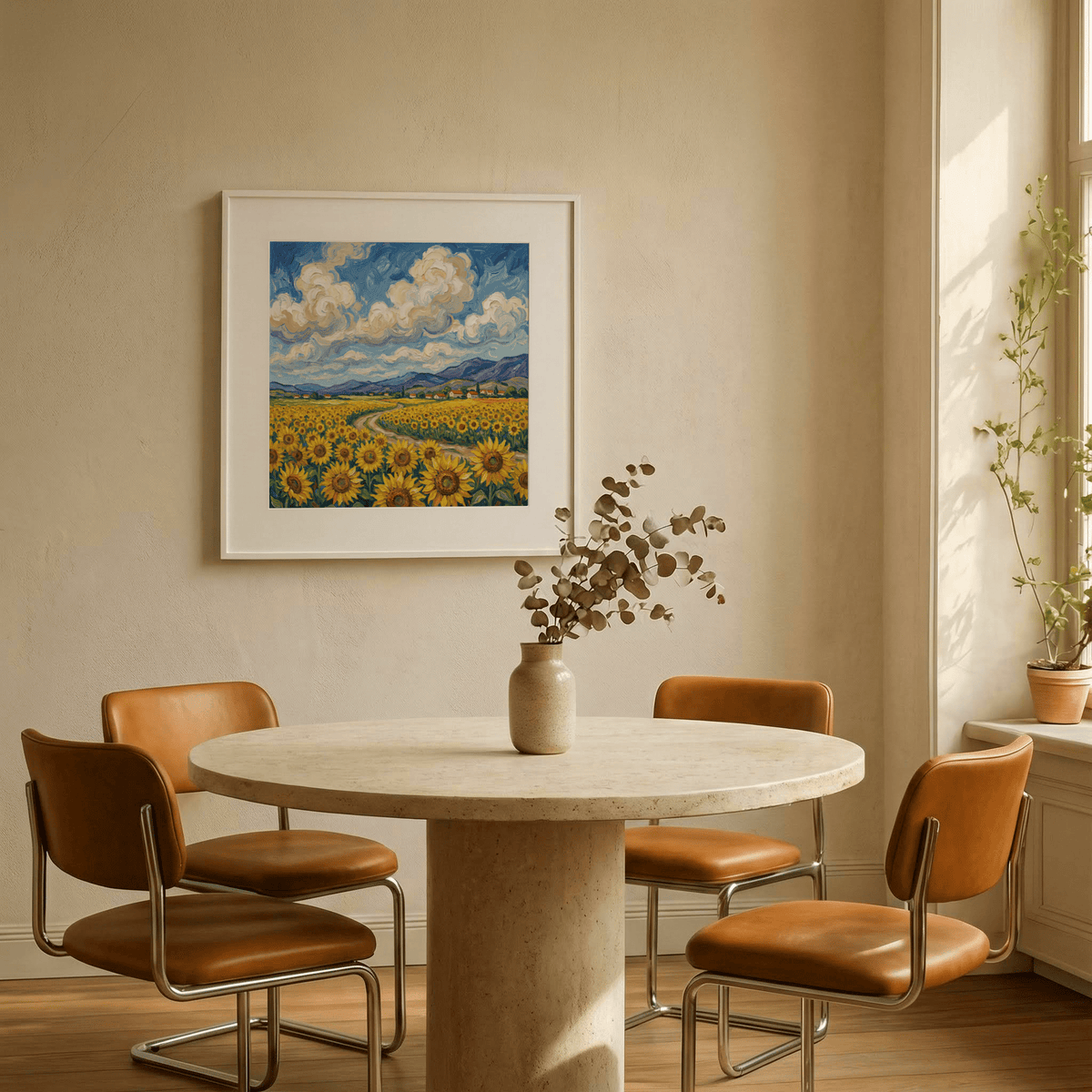 Cheerful Sunflower Field Poster in Yellow and Blue for office wall art