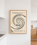 Angled view of motorsport wall art print with spiral racetrack composition