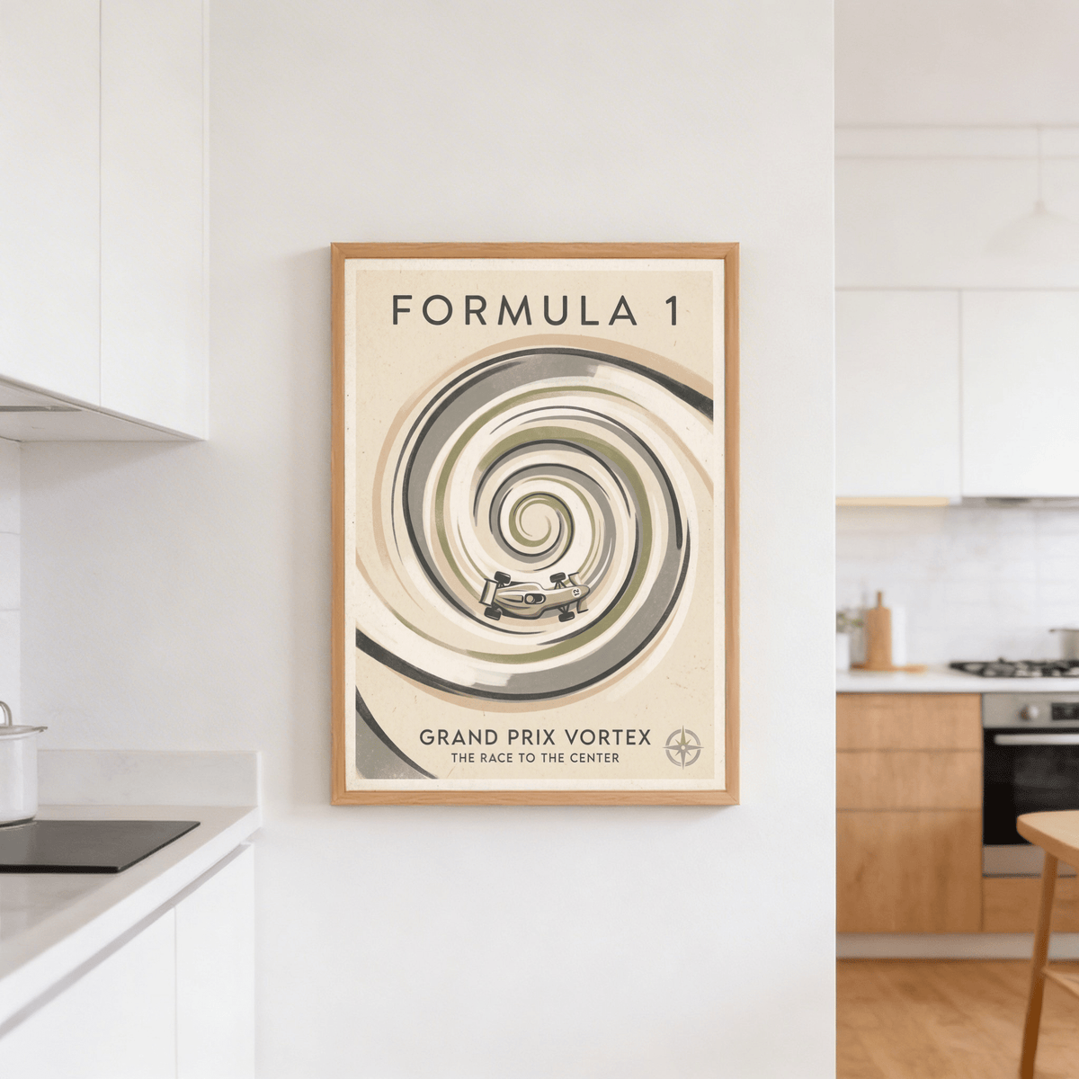 Angled view of motorsport wall art print with spiral racetrack composition