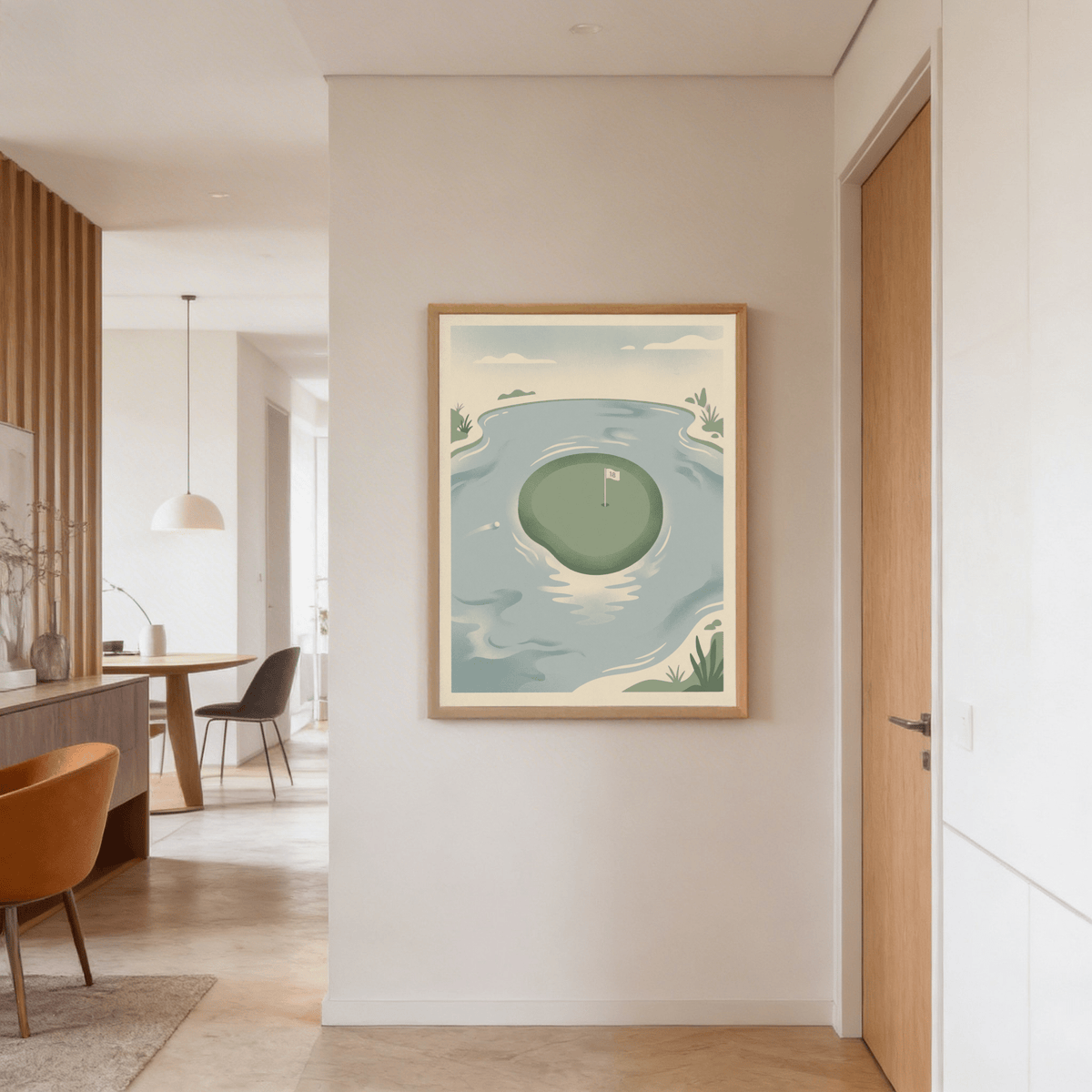Calm sports print with water reflections, curved shoreline, and small island green