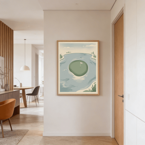 Calm sports print with water reflections, curved shoreline, and small island green