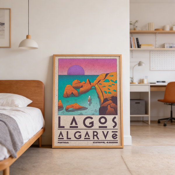 Detail of grainy sun disk above tranquil inlet on vintage Portugal poster