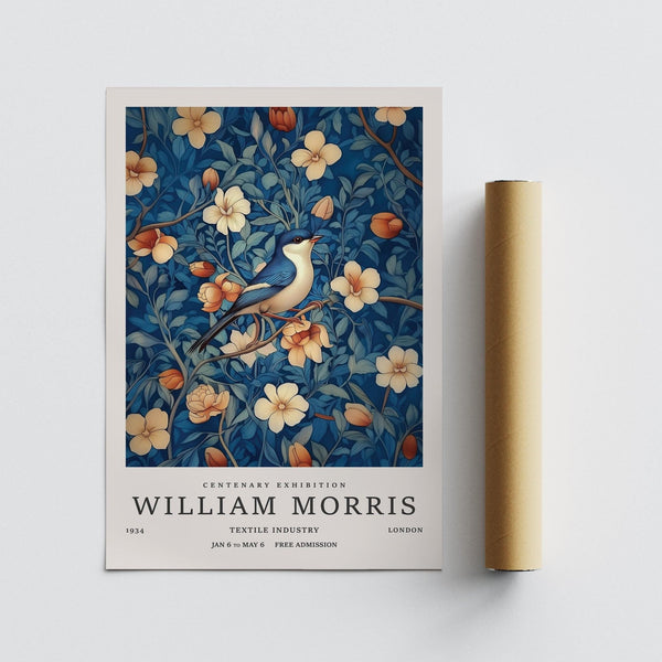 Inspired by classic textile work, this William Morris art features calm floral elements and a bird.