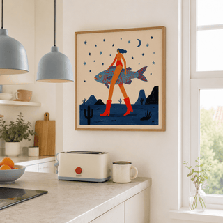Surrealist Fish Art Print poster showing a walking figure holding a large spotted fish in a desert night scene