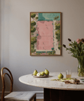 Modern sport wall art print of a tennis court surrounded by garden paths and palm trees