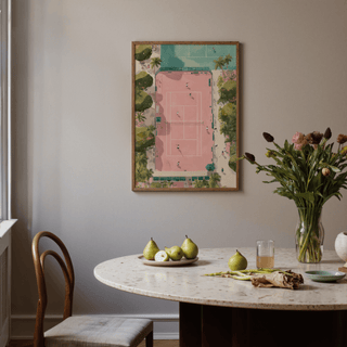 Modern sport wall art print of a tennis court surrounded by garden paths and palm trees