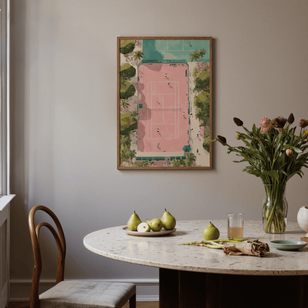 Modern sport wall art print of a tennis court surrounded by garden paths and palm trees