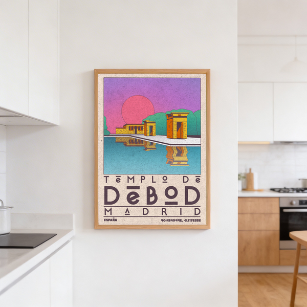 Geometric Madrid poster print with temple architecture and bottom typography