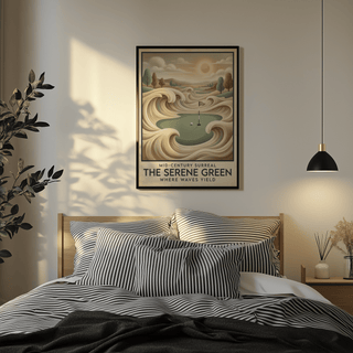 Retro golf wall art featuring a central green, cup shadow line, and distant tree silhouettes