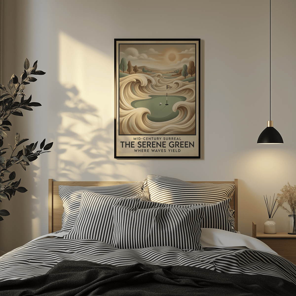 Retro golf wall art featuring a central green, cup shadow line, and distant tree silhouettes