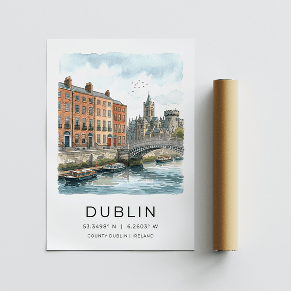Dublin City Art Print showing Dublin title, coordinates, and waterfront view