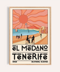 Featured Tenerife Travel Poster showing El Medano beach illustration with sun rays and bold Tenerife text