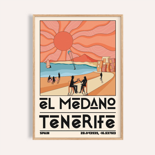 Featured Tenerife Travel Poster showing El Medano beach illustration with sun rays and bold Tenerife text