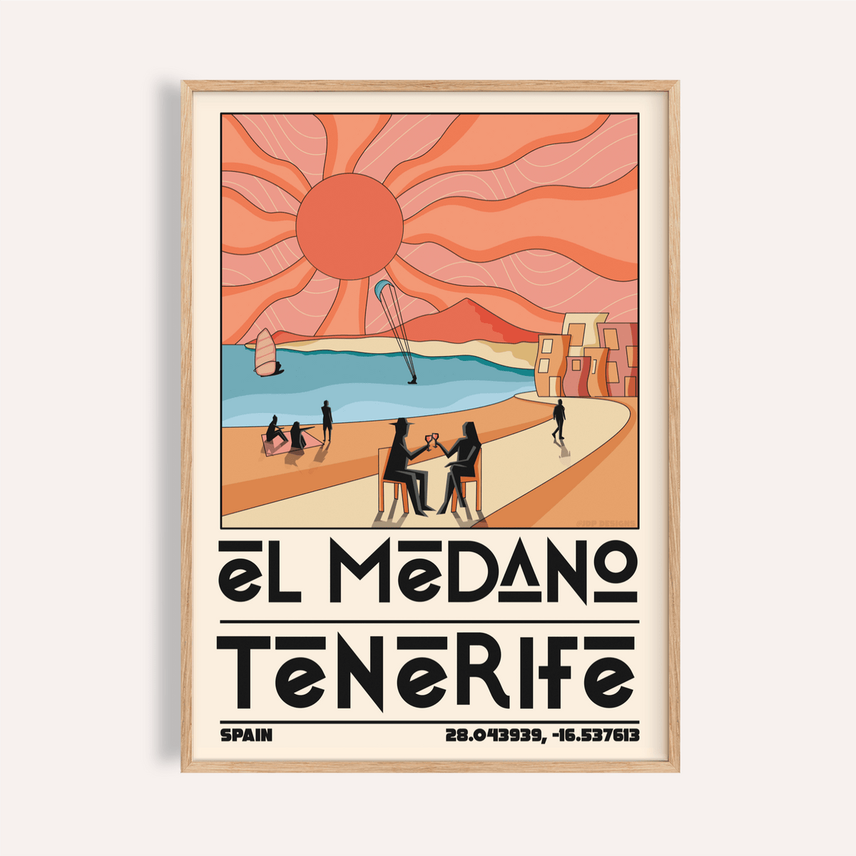 Featured Tenerife Travel Poster showing El Medano beach illustration with sun rays and bold Tenerife text