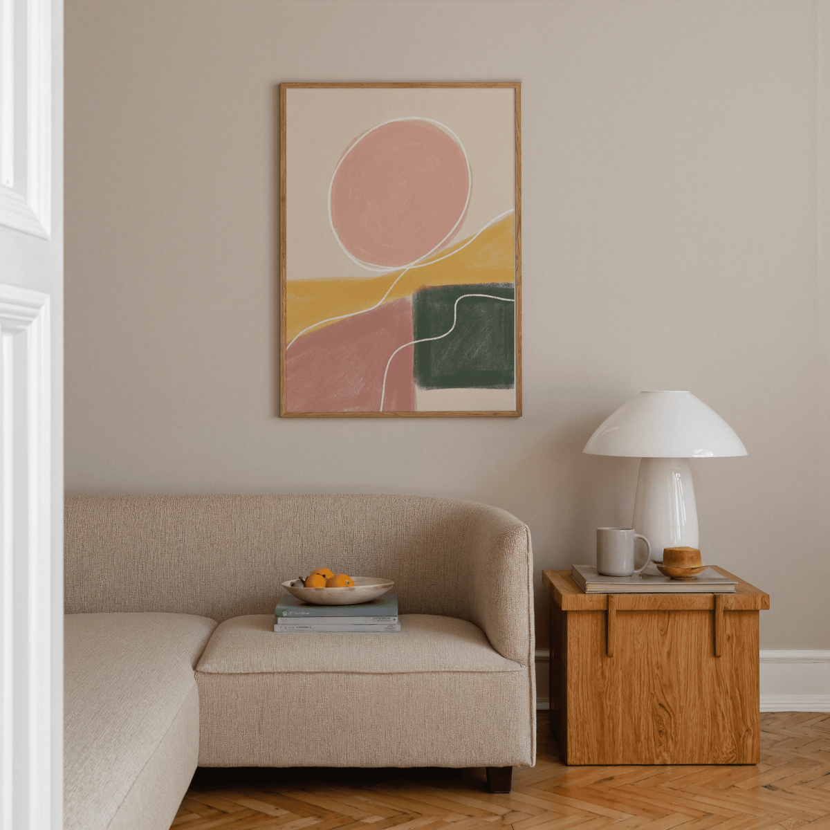 Chalk-texture geometric wall art with circle above color-block forms