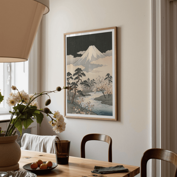 Japanese Art Mountains art print, Green, Black, Beige, Yellow, for peaceful study embellishment